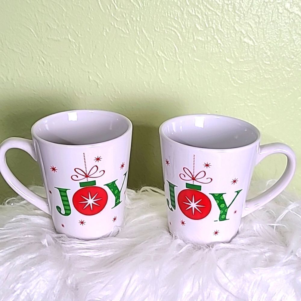 Holiday Mugs "JOY", White, Red & Green, Set of 4